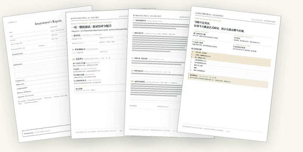Interviewer's Report + 中文评分表 + 记录与建议 + 家长导读